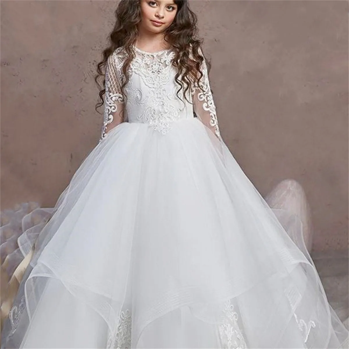 Elegant White Flower Girl Dresses Transparent Long Lace Sleeve Illusion Tulle For Wedding Bride Party First Communion Gowns