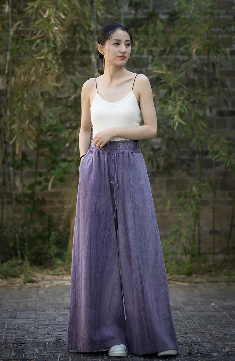 بنطال خريفي واسع الساق مع صبغة مربوطة يدويًا وخصر مكشكش فريد. رامي خفيف الوزن للتخسيس، مقاس ثنى. #5