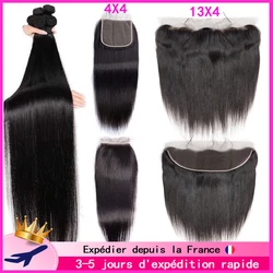 Mechones rectos de 30 32 pulgadas con encaje Frontal 13x4, extensiones de cabello brasileño ondulado con cierre 4x4, extensión de cabello Remy prearrancado