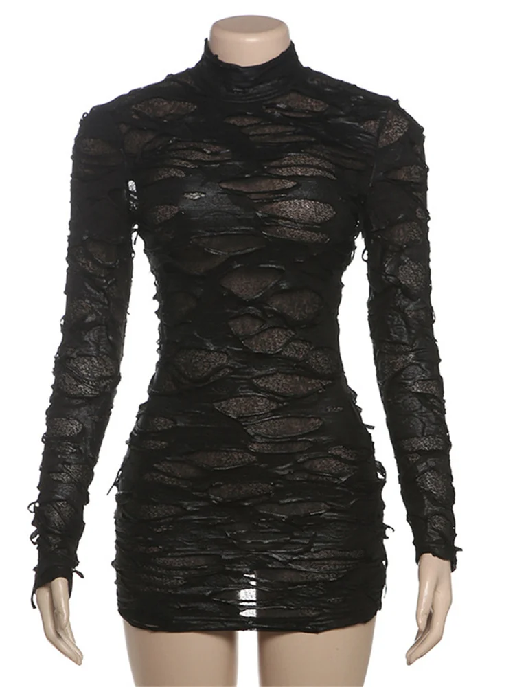 Simenual harajuku moda buracos ver através de manga longa mini vestido feminino vestido de festa quente sexy sem costas bodycon vestidos y2k magro