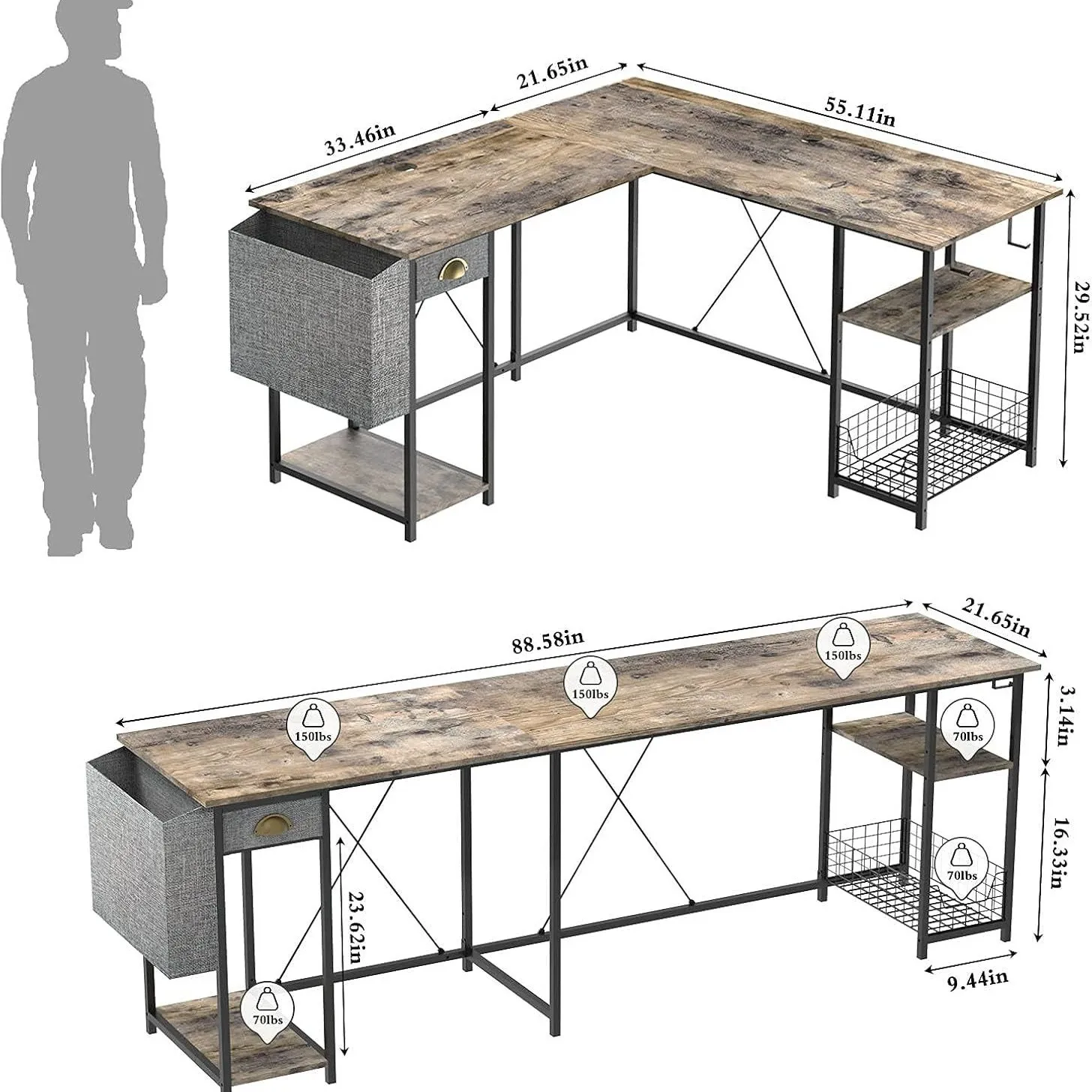 Household Double Computer Desk Large Capacity Corner Storage Rack Office Iron Wood Desk with Drawer Desk