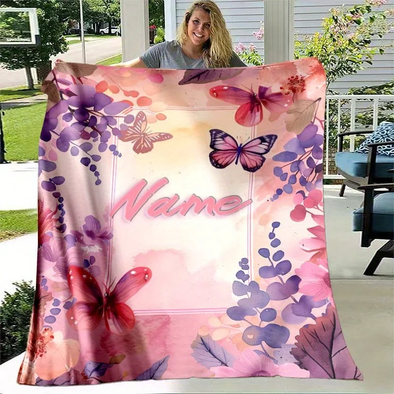 Custom name pink butterfly fleece blanket, suitable for sofa, bed, birthday, children, girls, friends, gifts