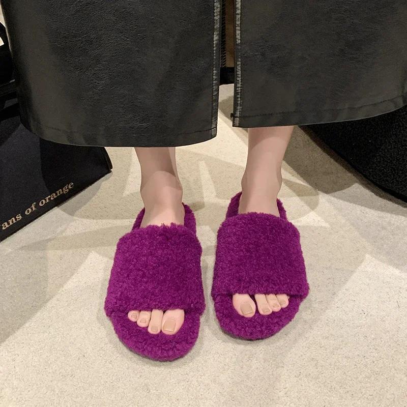 Purple Lambswool Slide Mules Woman Thick Sole Curly Teddy Fur Slippers Ladies Fashion Fluffy Plush Sandals Warm Home Shoe