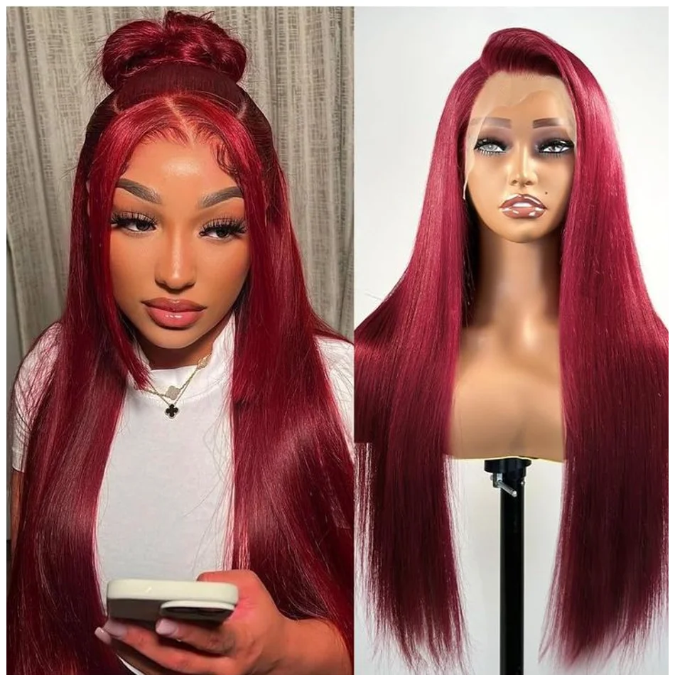 Burgundy 13x6 hd lace frontal wigs human hair for women Bone Straight 13x4 Brazilian 30 inch lace front wigs cheap on sale