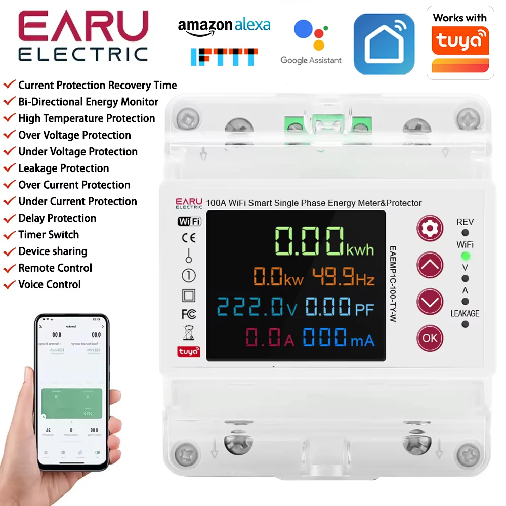 Tuya 2P 100A  WiFi Smart Bi-Directional Energy Power kWh Meter Leakage Over Under Voltage Protector Relay Switch Current Limit