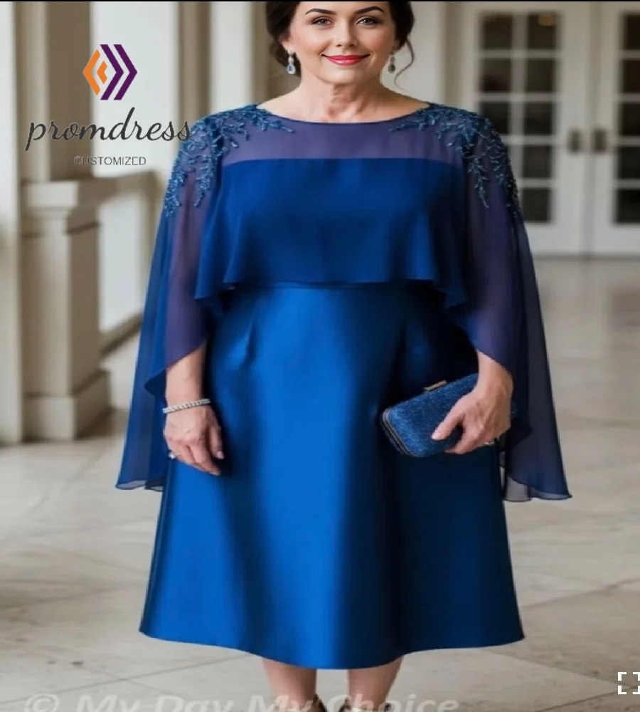 

Plus Size Short Blue Mother Of The Bride Dress With Cape Tea Length Beaded Mom Evening Dress Wedding Guest Party Dress Customize