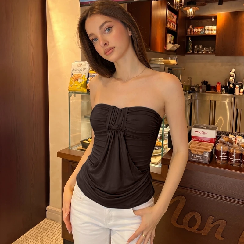 Hugcitar Modisches Trägerloses Einfarbiges Gerafftes Drapiertes Sexy Crop-Top für Damen, Sommerliche Freizeitkleidung, Streetwear, Party- und Urlaubs-T-Shirts – Detail 18