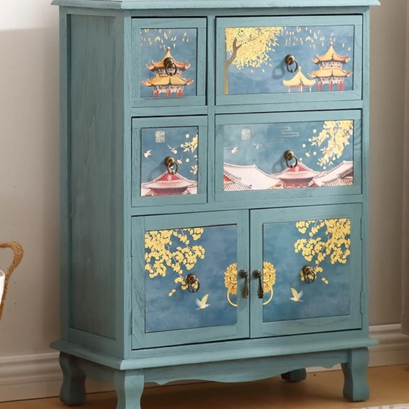 Living room storage solid wood porch cabinet simple bedside table retro painted American storage with door