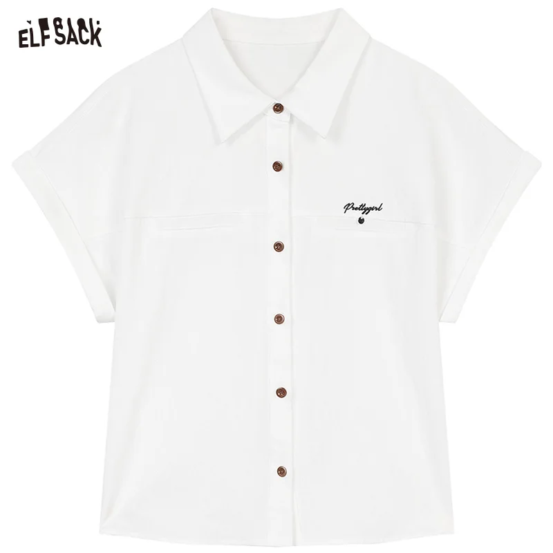 ELFSACK 2025 Summer New Arrivals Embroidered Letter Lapel Short Sleeved Chic Shirt For Women