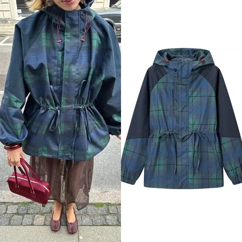 

Loose High Neck Loose Hoodie Coat Lace Up Outwear New Lady Streetwear Autumn Winter Vintage Plaid Oversize Jacket For Women