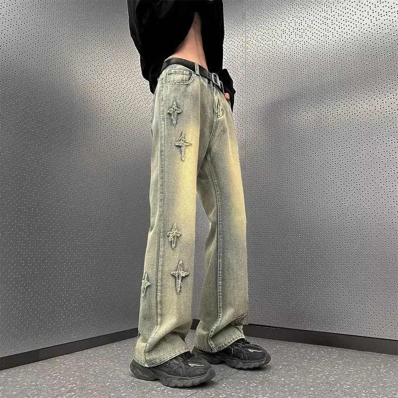 2Pcs Korean Retro Micro Flared Straight Leg Pants For Men Fashionable Star Design Pattern Casual Wide Leg Pants Grey Jeans Pants
