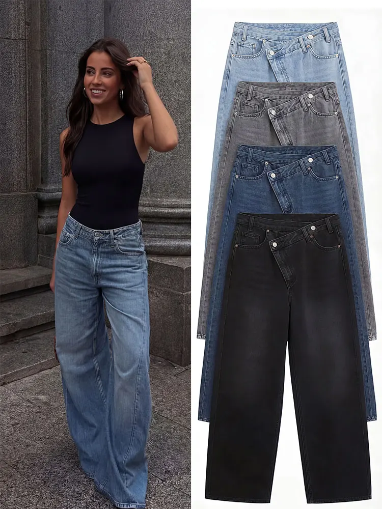 HH Women Fashion Asymmetrical Waist Wide Leg Jeans High Waist Loose Fit Denim Pants In 4 Colors For Casual Daily Streetwear