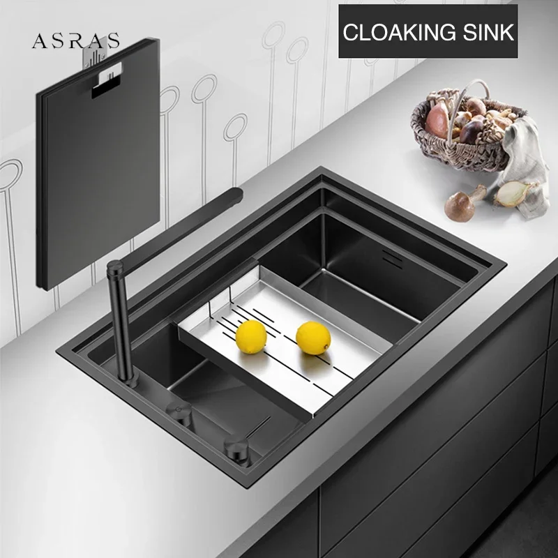 

ASRAS Kitchen Sink Nano Double Cover Cloaking Sink 304 Stainless Steel 4mm Thickness Handmade Large Size kitchen Sink