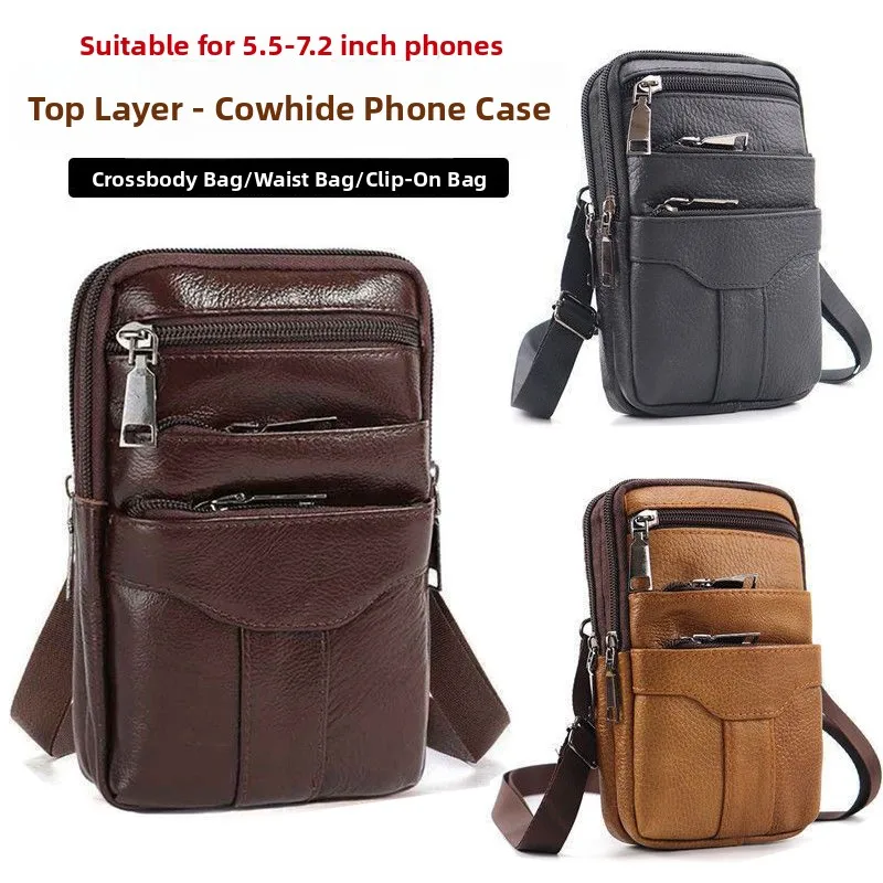 Genuine Cowhide Outdoor Travel Mobile Phone Bag Waterproof Wear-resistant Belt Waist Bag Crossbody Single Shoulder Bag