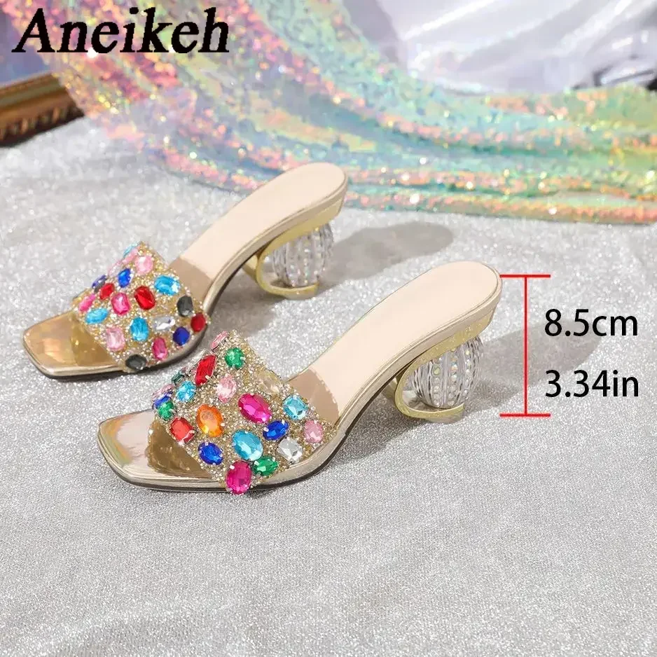 Aneikeh Shiny Colored rhinestone Sandals Slippers Women Transparent Thick Bottom Party Dress Mules High Heels 2025 Summer heeled