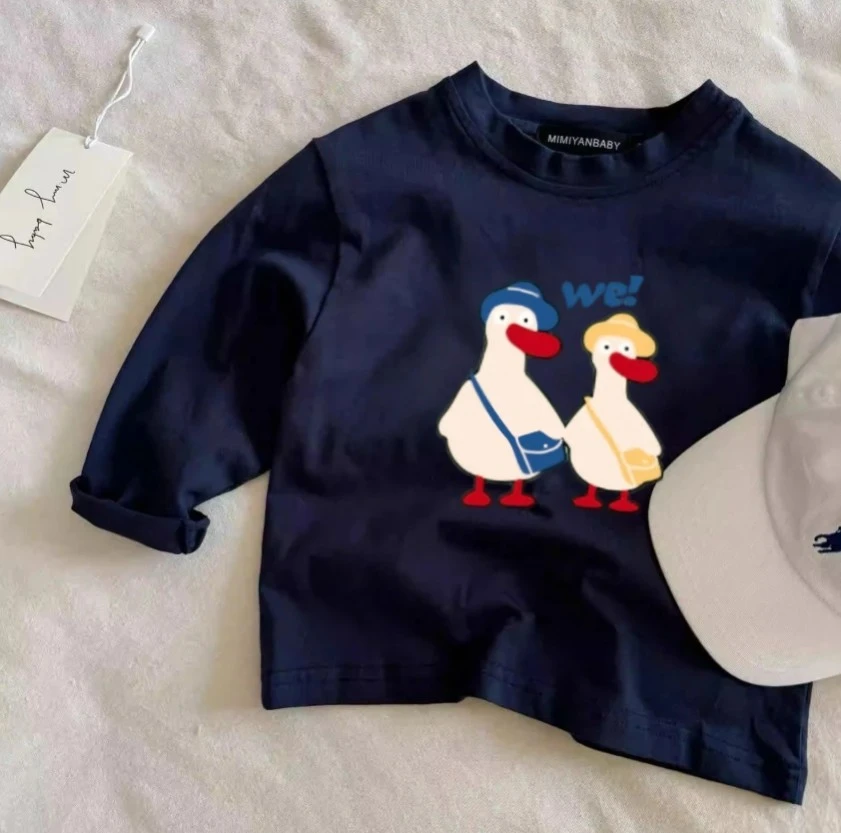 Little Boys Casual Long Sleeve Tee Cute Duck Bear Pattern Print Tees Kid Soft Cotton Crew Neck Shirt Loose Fit Children Clothing