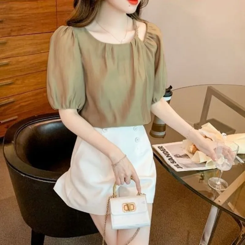 French Style Chic Puff Sleeve Chiffon Blouses 2024 Summer New Women\'s Solid Hollow Out Ruched Loose Commute Crew Neck Shirt Tops