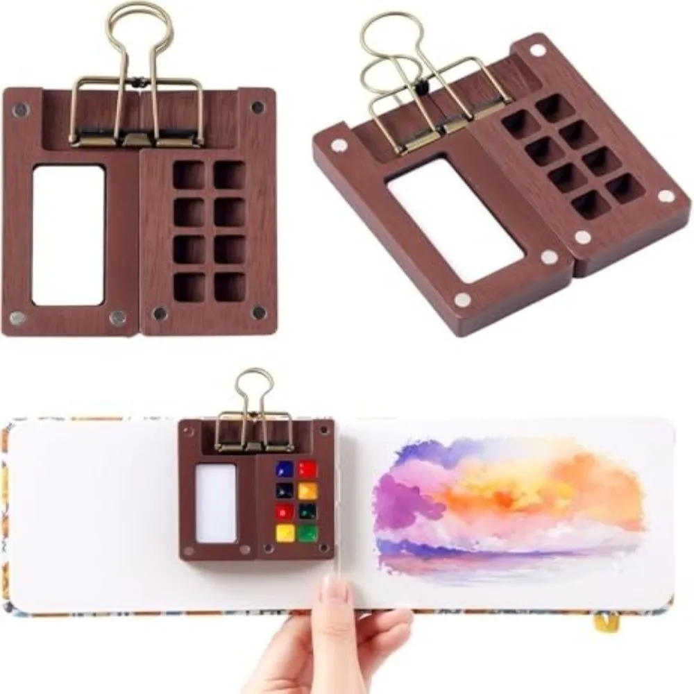 New 8 Grids Pocket Palette Walnut 15 Grids Mini Watercolor Set Mini Size Wooden Wooden Watercolor Set Outdoor Painting