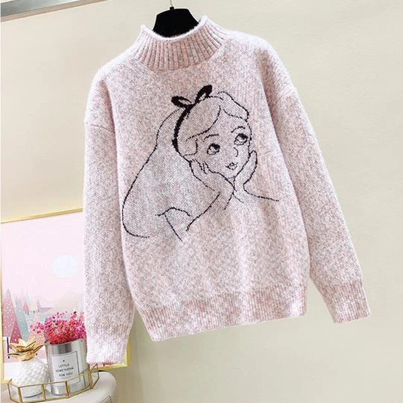 Women Winter Kawaii Cartoon Half High Collar Thick Knitted Sweater Casual Streetwear Long Sleeve Loose Pullover Tops Y2K Jumpers