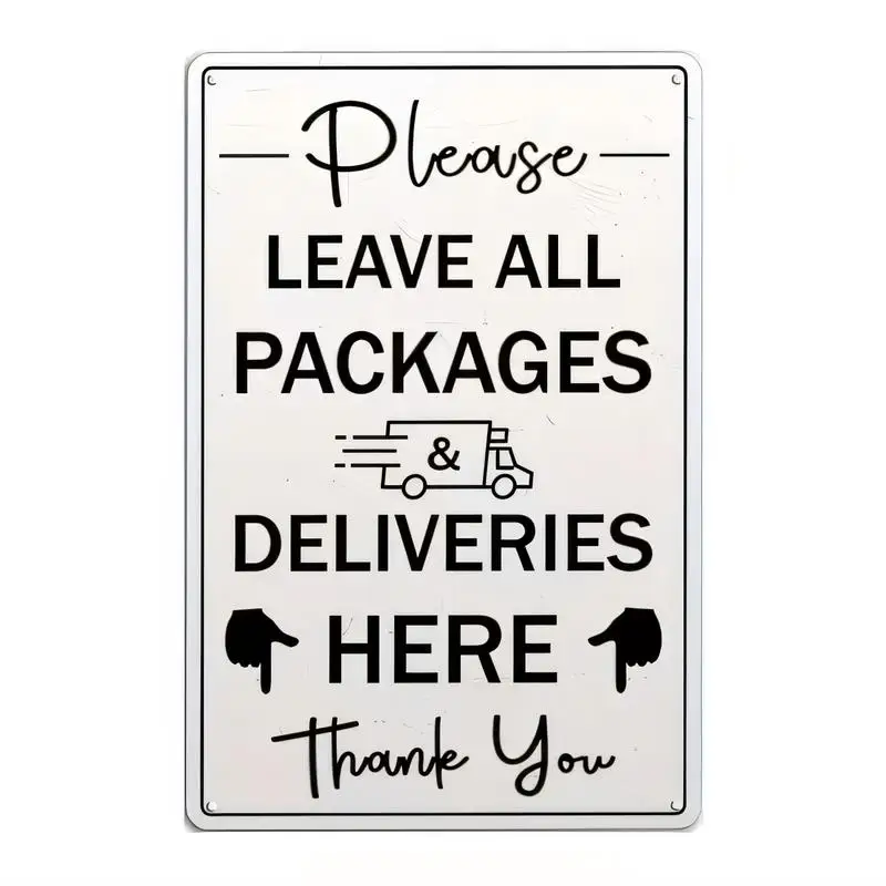 Minimalist White Iron Package Delivery Sign - Delivery Truck & Pointing Hands Design, for Home/Apartment/Office Entrance, Metal