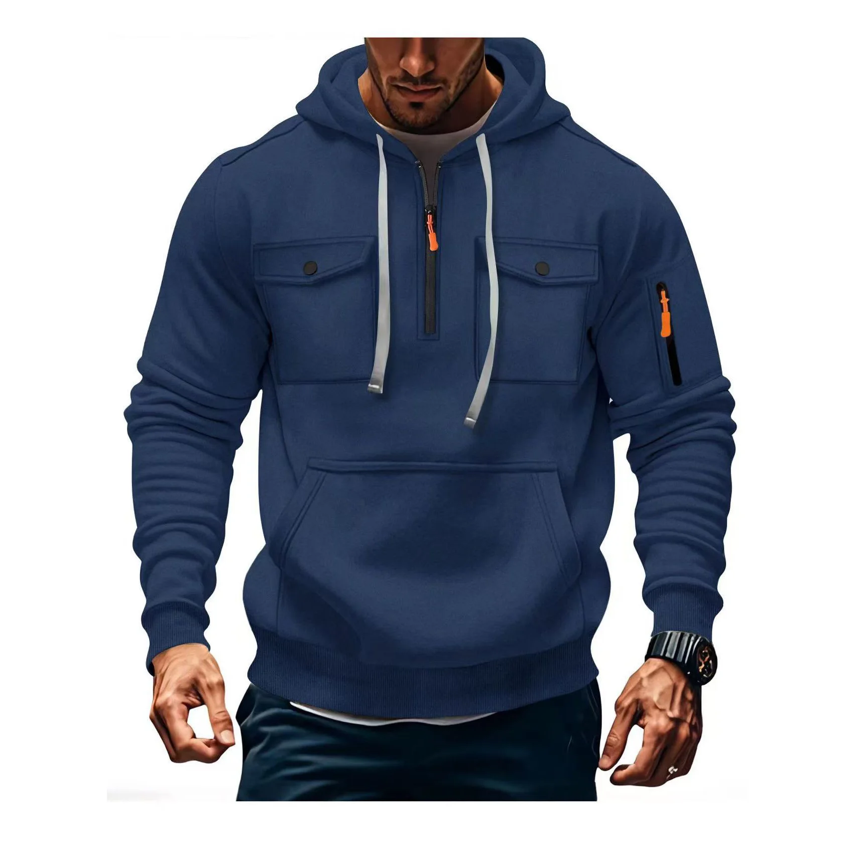 الرجال الصوف مقنعين البلوز الشتاء الدافئة طويلة الأكمام متعددة جيب ملابس رياضية عادية #4