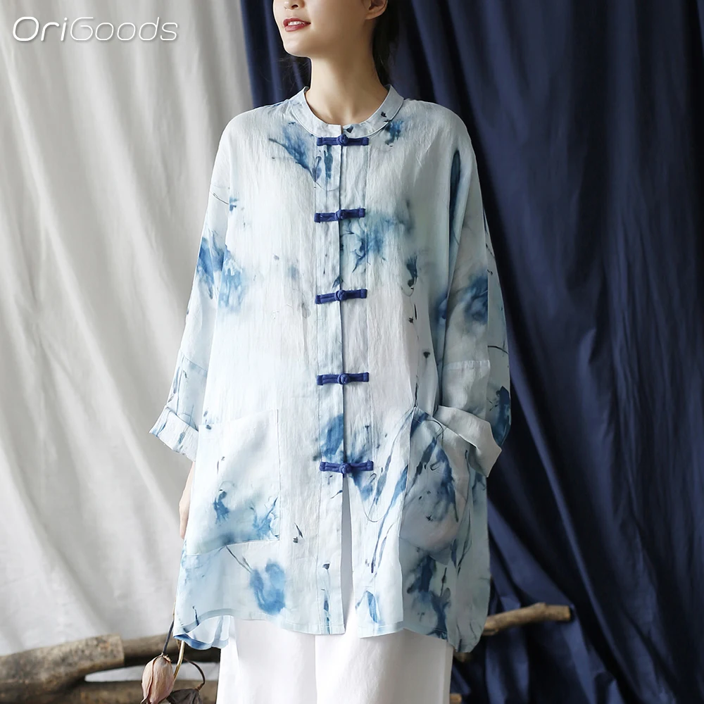 

OriGoods Oversized Shirt Women 2024 New Summer Long Shirt Ramie Japanese Chinese Traditional Style Batwing Sleeve Tops X038