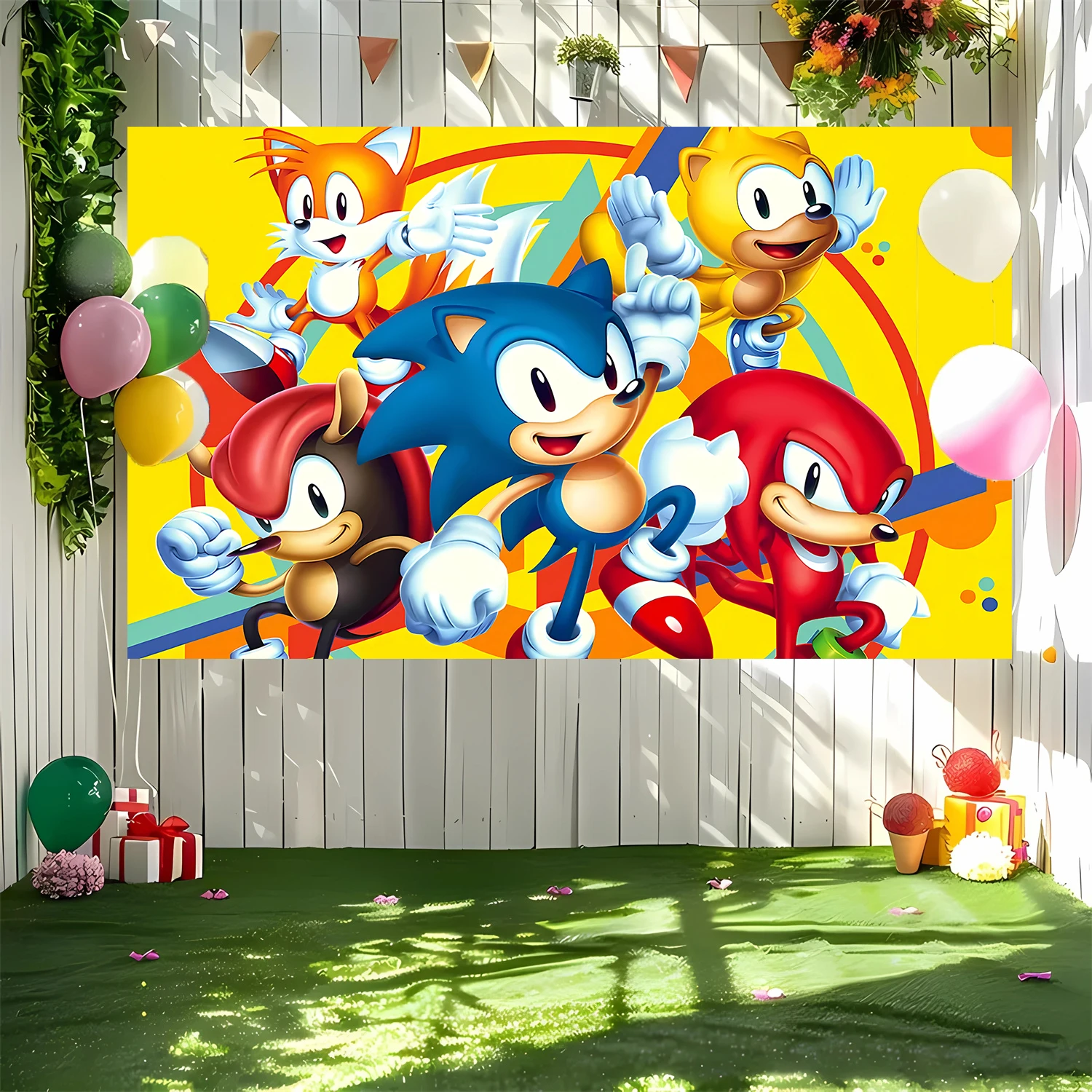 Fondo clásico de Sonic y sus amigos para cumpleaños, pancarta colorida con temática de dibujos animados para decoración de cumpleaños infantiles y fotografía