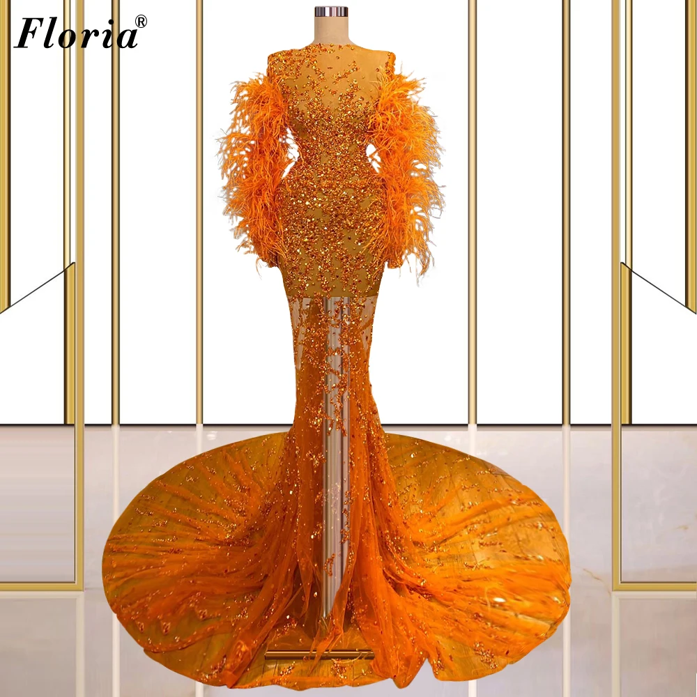 2 estilos laranja glitter vestidos de noite mangas compridas formal vestidos de noite ilusão celebridade vestidos de festa luxo