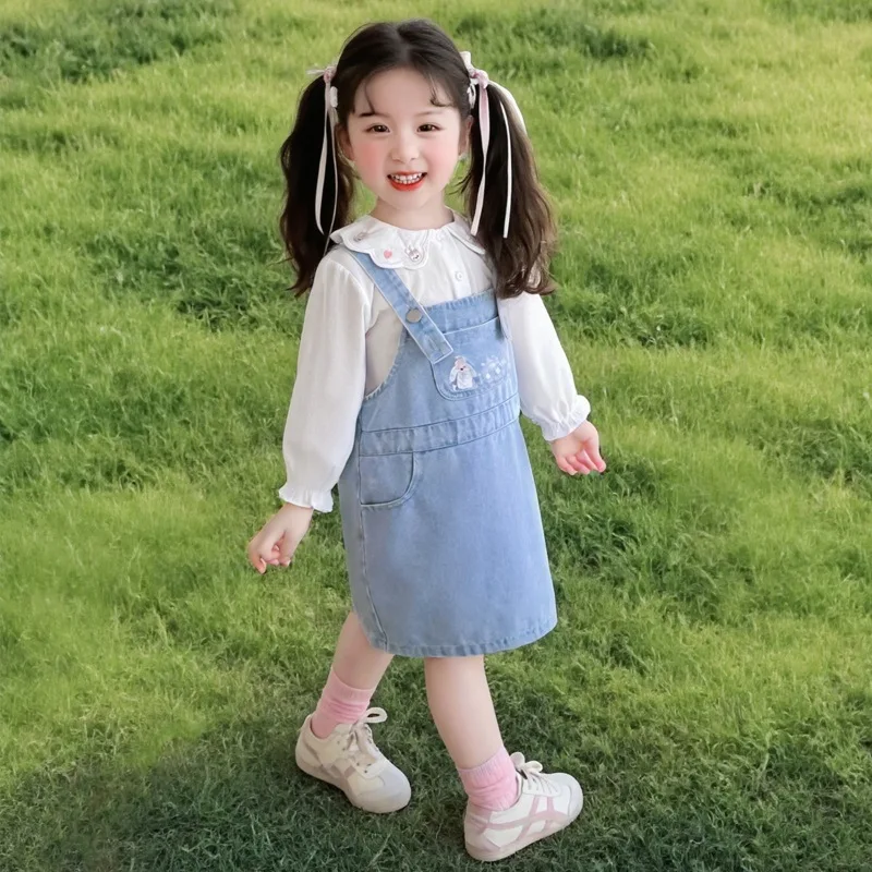 

Girls' Spring Outfit Denim Skirt Set Stylish Spring and Autumn Baby Dress Children's Doll Collar Shirt Skirt Two-Piece Set