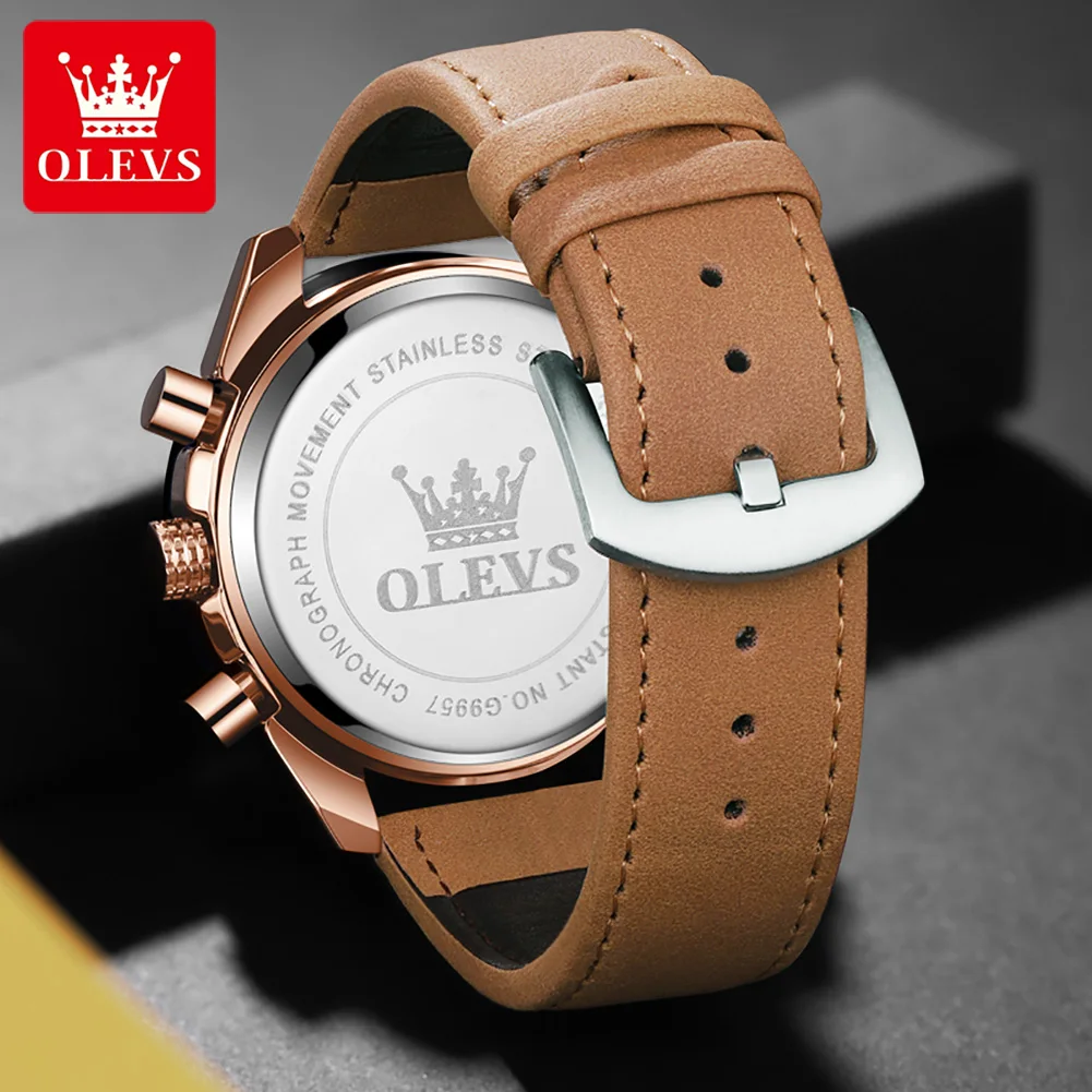 OLEVS 9957 Original Quartz Man Watch Moon Phase Chronograph Waterproof Leather Strap Sport Wristwatch Luxury Brand Men\'s Watches