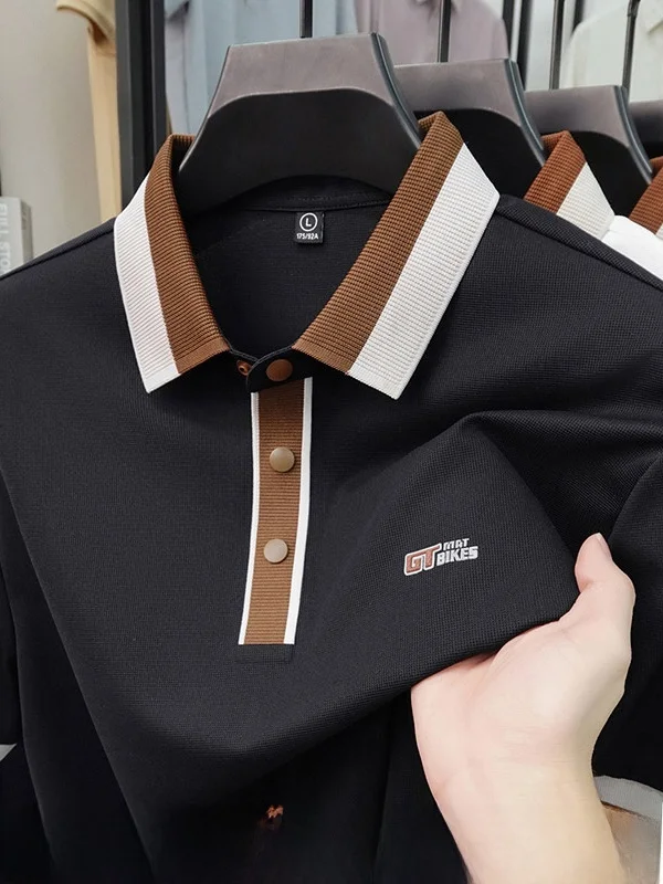 Ice Silk Short Sleeve  Shirt Casual Thin Flip Collar Men's T-Shirt Breathable Summer Fashion Loose Fit Regular Length