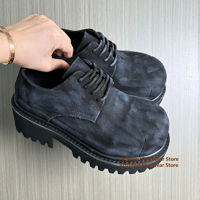 Black Denim Derby Shoes Big Round Toe Height Increasing Leather Shoes for Men Luxury Designer Trendy Handmade Men's Shoes