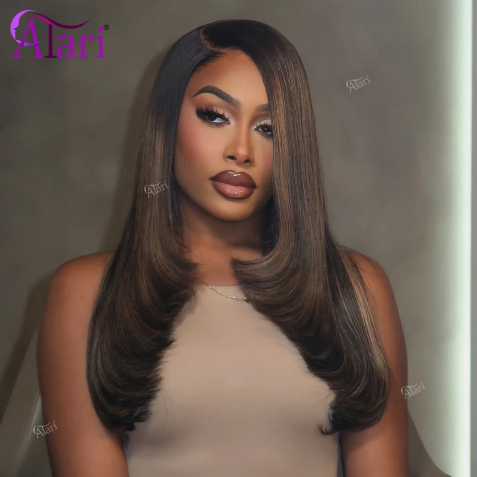 

Brown Stripe Layered Straight Lace Frontal Wig Transparent 13X4 13X6 Lace Front Human Hair Wigs Pre Plucked Highlights Remy Wig
