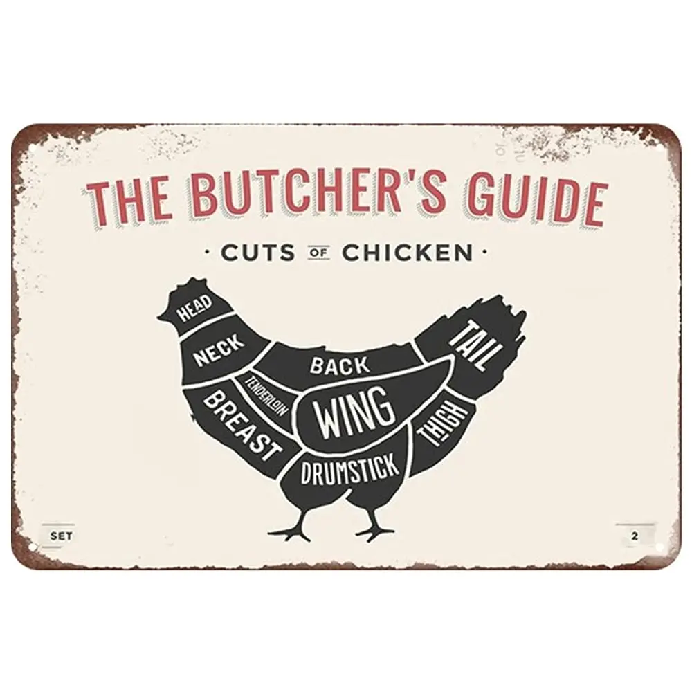 Original Retro Design The Butcher’s Guide Cut’s of Chicken Tin Metal Signs Wall Art | Thick Tinplate Print Poster Wall Decoratio