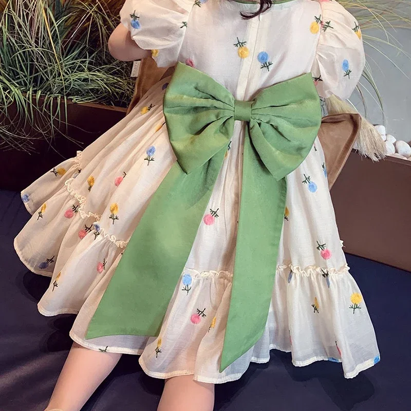 Bebê meninas vestido de princesa verão bege elegante vestido com arco verde crianças festa de aniversário roupas 2-12 anos de idade crianças roupas