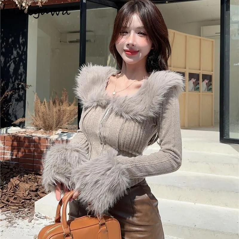 Temperament Sueter Mujer Tunic Zipper Sweater Women's Clothing Solid Color Long Sleeve Furry Collar Chic Knit Crop Cardigan Tops