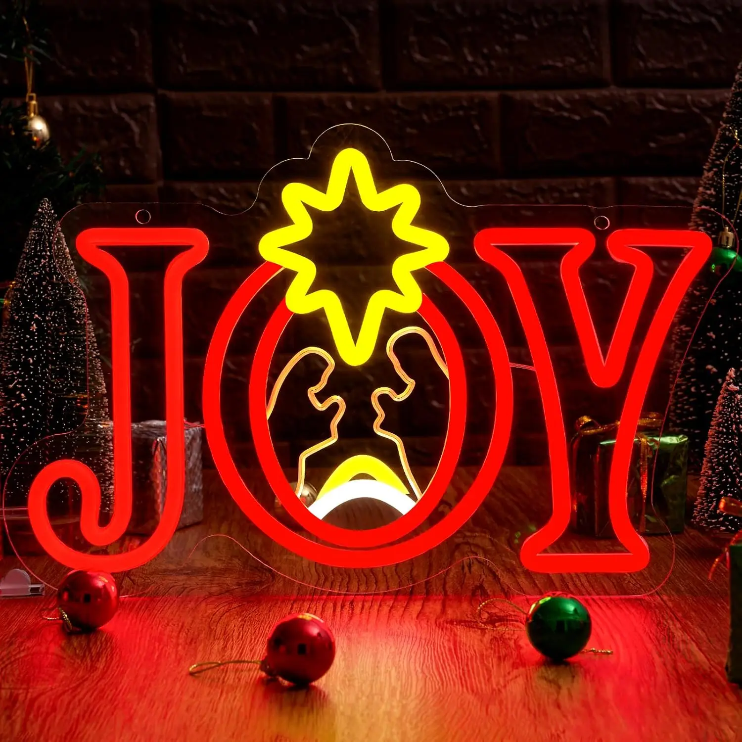 Christmas Neon Sign LED Joy Religious Neon Light Dimmable Joy Nativity for Window Xmas Home Bedroom Wall Tree Hanging Decor