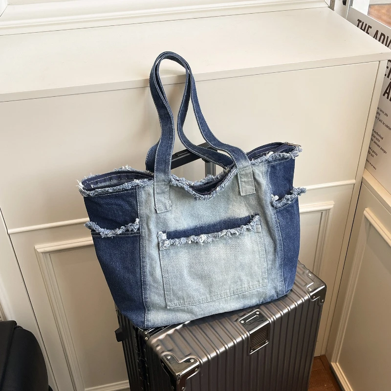 

New Large Capacity Denim Tote Bag Korean Style Washed Denim Fringed Shoulder Bag for Women Daily Matching Commuting Bag