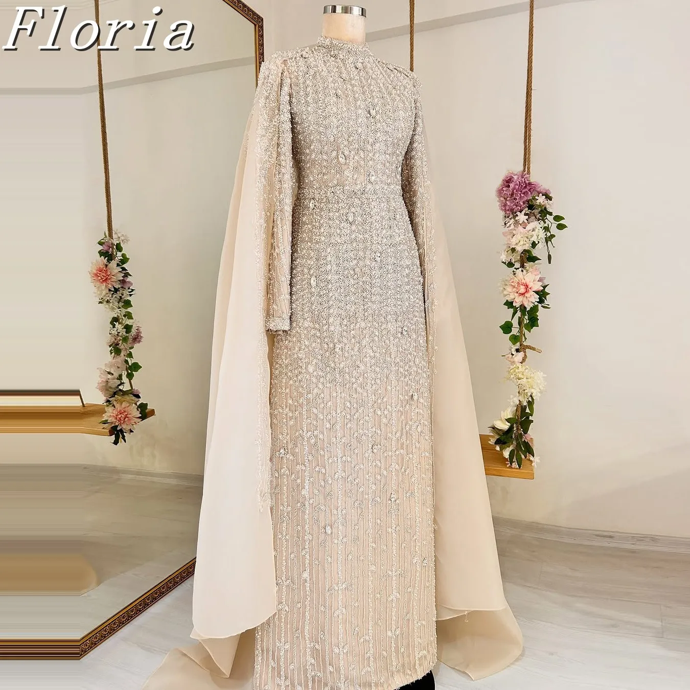 Мусульманское длинное вечернее платье цвета шампанского с короткими рукавами, элегантное бальное платье трапециевидной формы с высоким воротом и бисером, вечернее платье