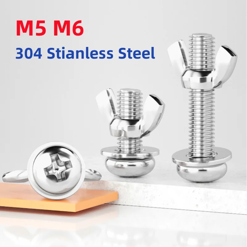 M5 M6 304 Stianless Steel Phillips Pan Head Screws With Wing Nuts Washers Cross Round Bolts Butterfly Nut Flat Pad Set