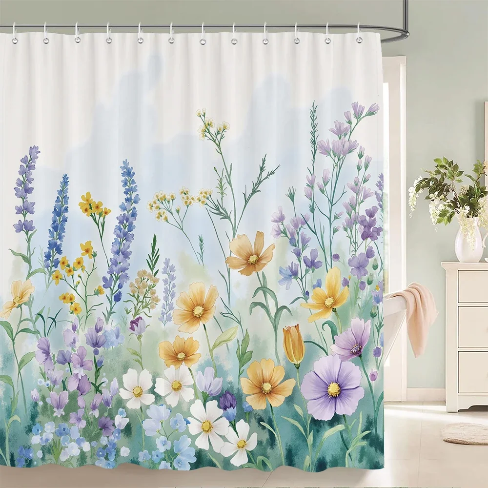 

Home shower curtain for bathroom waterproof fabric fresh flowers and plants style bathroom Curtain with hooks decorative curtain