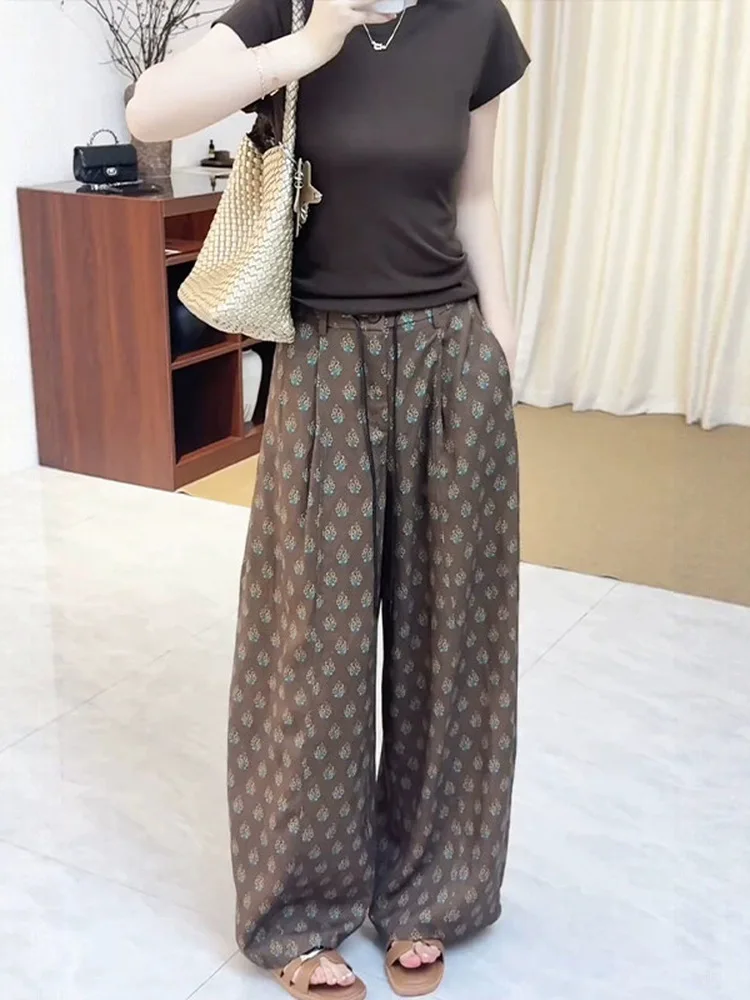 Retro Print Wide Leg Casual Pants Women's Loose Comfortable Summer New plus Size Lazy Feelings Bent Knife Pants