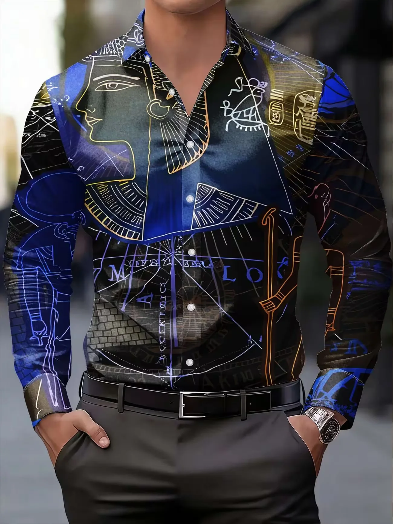 New Yellow Orange Gradient Peacock Feather Printed Men's Long Sleeve Shirt Vacation Style Casual Flower Shirt