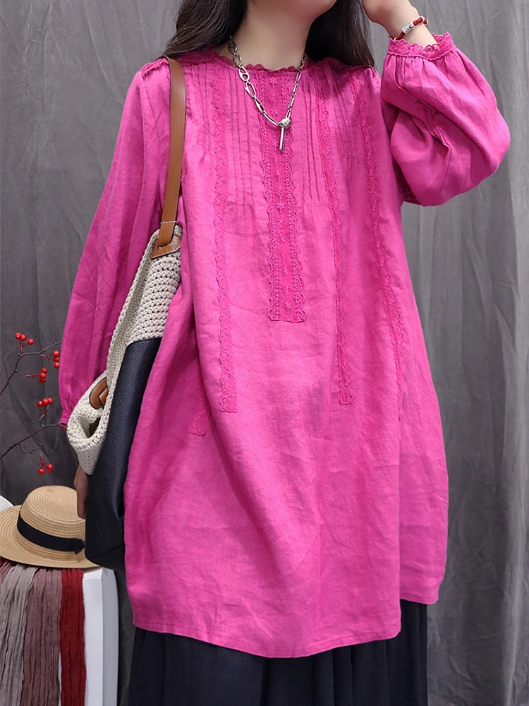 100% Linnen Vrouwen Casual Jurk Nieuwe 2025 Herfst Vintage Stijl O-hals Kant Effen Kleur Losse Vrouwelijke knielange A-lijn Jurk M2144