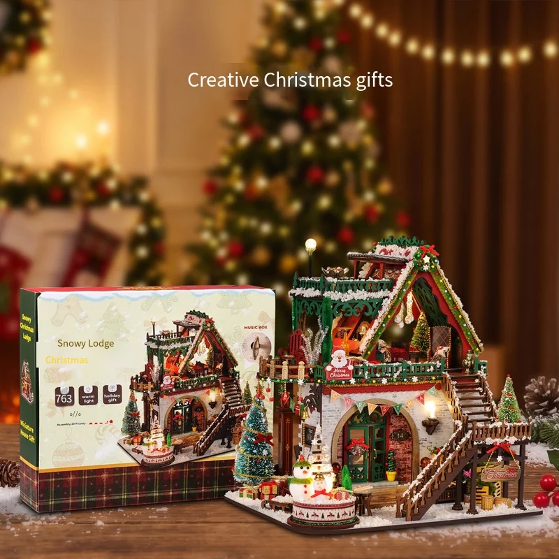 DIY Wooden Christmas Cabin Dollhouse Kit, Winter Snow Miniature House with LED Lights, Xmas Handcraft Assembly Villa Model