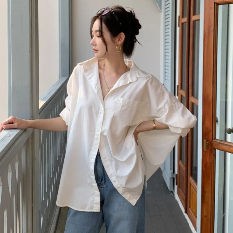 

Повседневная свободная женская рубашка в корейском стиле, весна 2026, универсальная, нежная, популярная модель свободного кроя из полиэфирного волокна