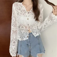 Vintage été dentelle Blouses femmes voir à travers pure à manches longues chemises de soleil Style coréen décontracté Protection solaire Sexy dames hauts 4