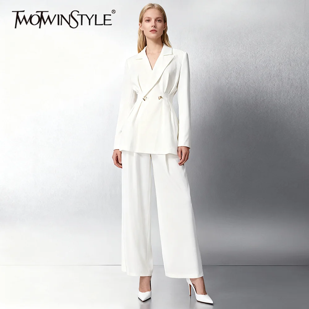 

TWOTWINSTYLE Solid Minimalist Two Piece Sets for Women Lapel Long Sleeves Tunic Spliced Shirring Blazer Wide Leg Pant Set Female