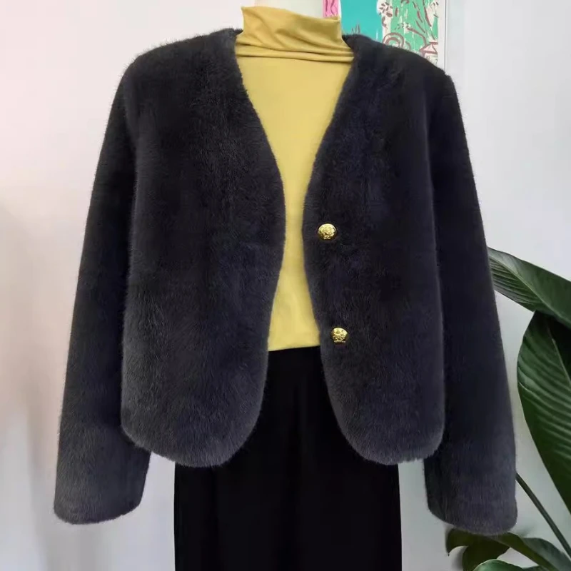 العصرية الخريف الشتاء معطف الفرو المرأة فو الفراء اقتصاص سترة طويلة الأكمام أعلى واحدة الصدر لينة رقيق سترة الخامس الرقبة ملابس خارجية