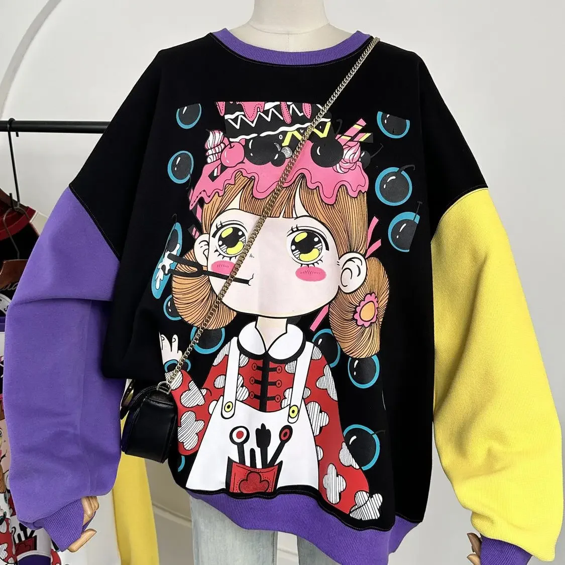 Oversized Korean Cartoon Pattern Printing Loose Sweatshirts Patchwork Autumn Women Clothing Casual O-neck Long Sleeve Pullovers
